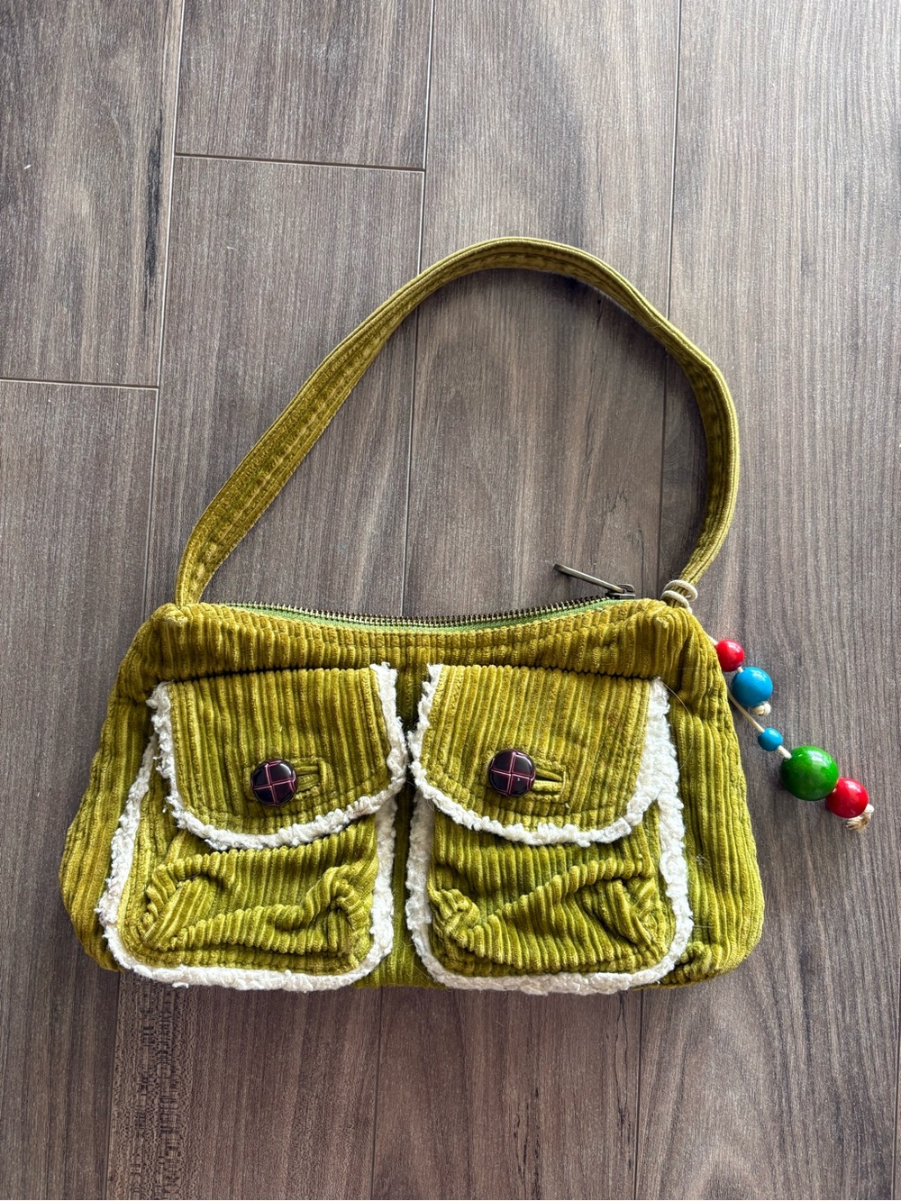 Vintage American Eagle Outfitters Olive Corduroy Shoulder Bag with Beaded Charm